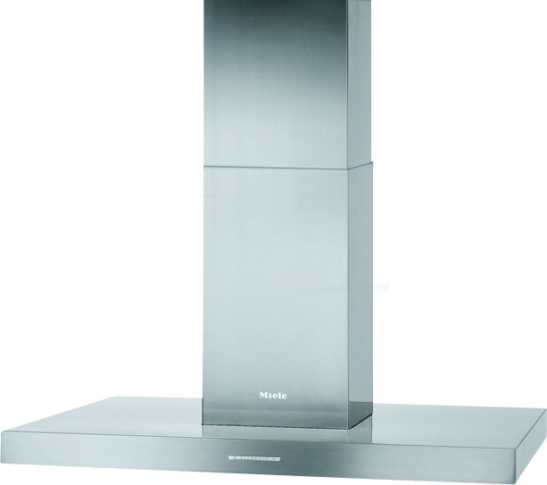 Stainless steel chimney range hood with a tall rectangular duct above a flat kitchen island base, Miele logo visible