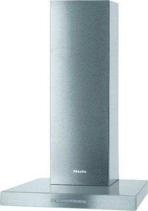 Stainless steel chimney-style kitchen range hood mounted above a stove with the Miele logo on the front.