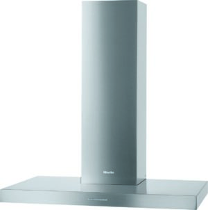 Stainless steel wall-mounted chimney range hood above a flat cooktop, with the Miele logo visible on the front.