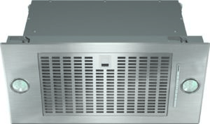 Stainless steel kitchen range hood with a large vent grille and two round lights on the ends.