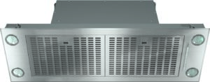 Industrial stainless steel range hood with two large vent panels and round lights at each corner.