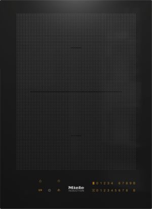 Black induction cooktop with a dotted heating area and gold control icons along the bottom, including the Miele Induction logo.