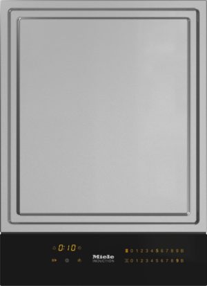 Front view of a Miele induction oven with a stainless-steel door and a black control panel at the bottom showing a timer.