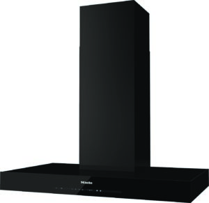 Glossy black wall-mounted range hood by Miele with a wide base and a vertical chimney, featuring touch controls on the front panel.