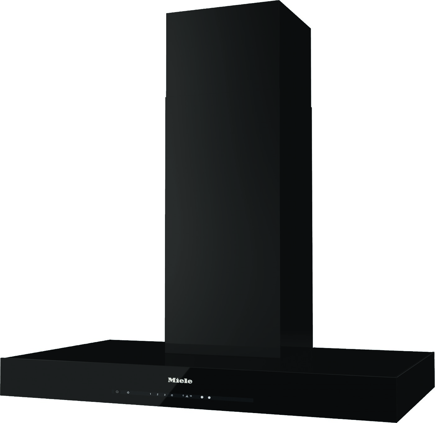 Glossy black wall-mounted range hood by Miele with a wide base and a vertical chimney, featuring touch controls on the front panel.