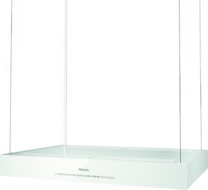 Island ceiling-mounted range hood with glass side panels and a front control panel, branded Miele, for kitchen ventilation
