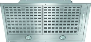 Stainless steel kitchen range hood with two vented filter panels, two round lights at the bottom, and a vertical control panel on the right side