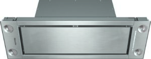 Brushed stainless steel kitchen range hood with two round side lights and Miele branding, viewed front-on.