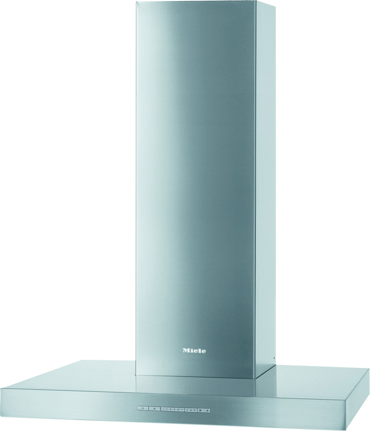 Stainless steel wall-mounted range hood with a tall chimney over a cooktop, Miele branding visible at the baseplate.