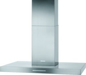 Stainless steel chimney-style range hood with a tall vent shaft and wide, flat canopy on a white background.
