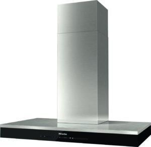 Stainless steel wall-mounted chimney range hood with a black base and control panel along the front edge.