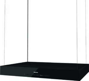 Black glass Miele kitchen range hood with tall glass side panels and front control panel, designed for wall installation.