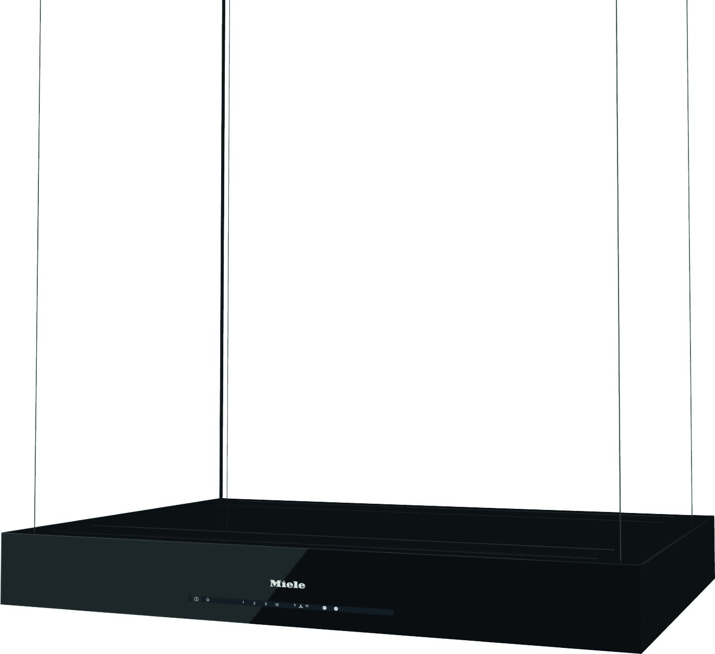 Black glass Miele kitchen range hood with tall glass side panels and front control panel, designed for wall installation.