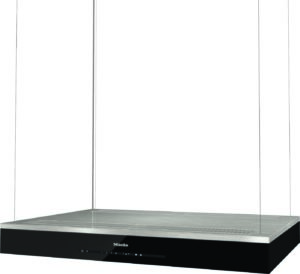 Miele island range hood with glass side panels, stainless steel top, and a black base with a touch control panel.