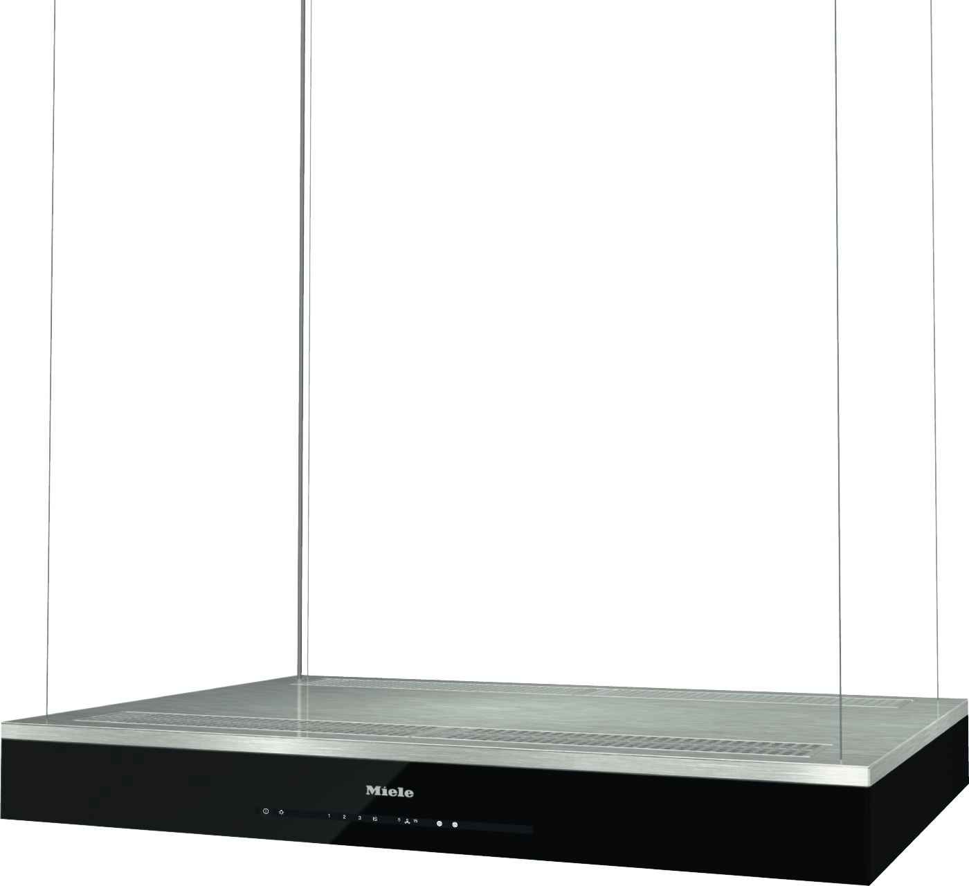 Miele island range hood with glass side panels, stainless steel top, and a black base with a touch control panel.