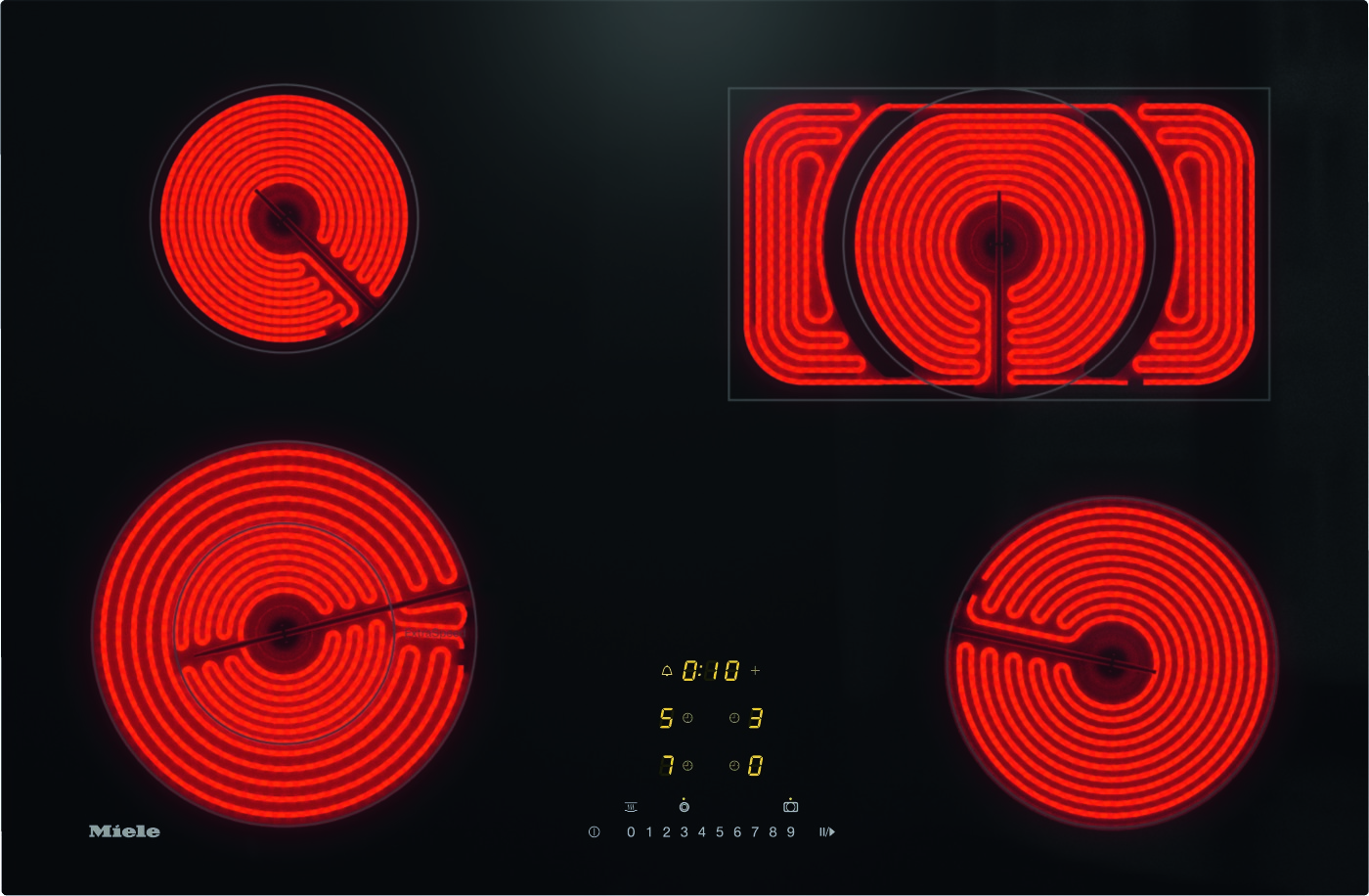 Top-down view of a black glass-ceramic electric cooktop with four red glowing round coil burners and a central digital timer display (Miele branding).