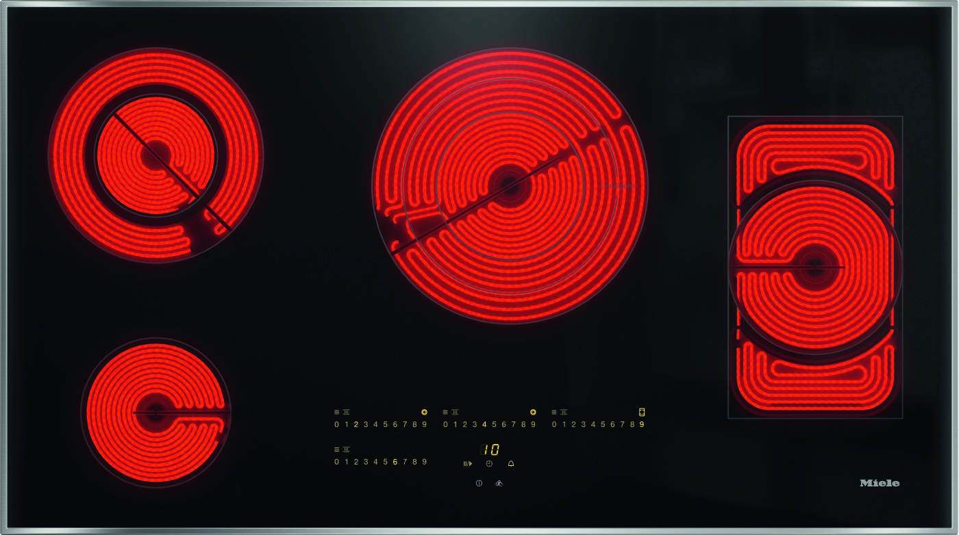 Electric cooktop with four red glowing heating elements on a black glass surface; Miele logo visible.