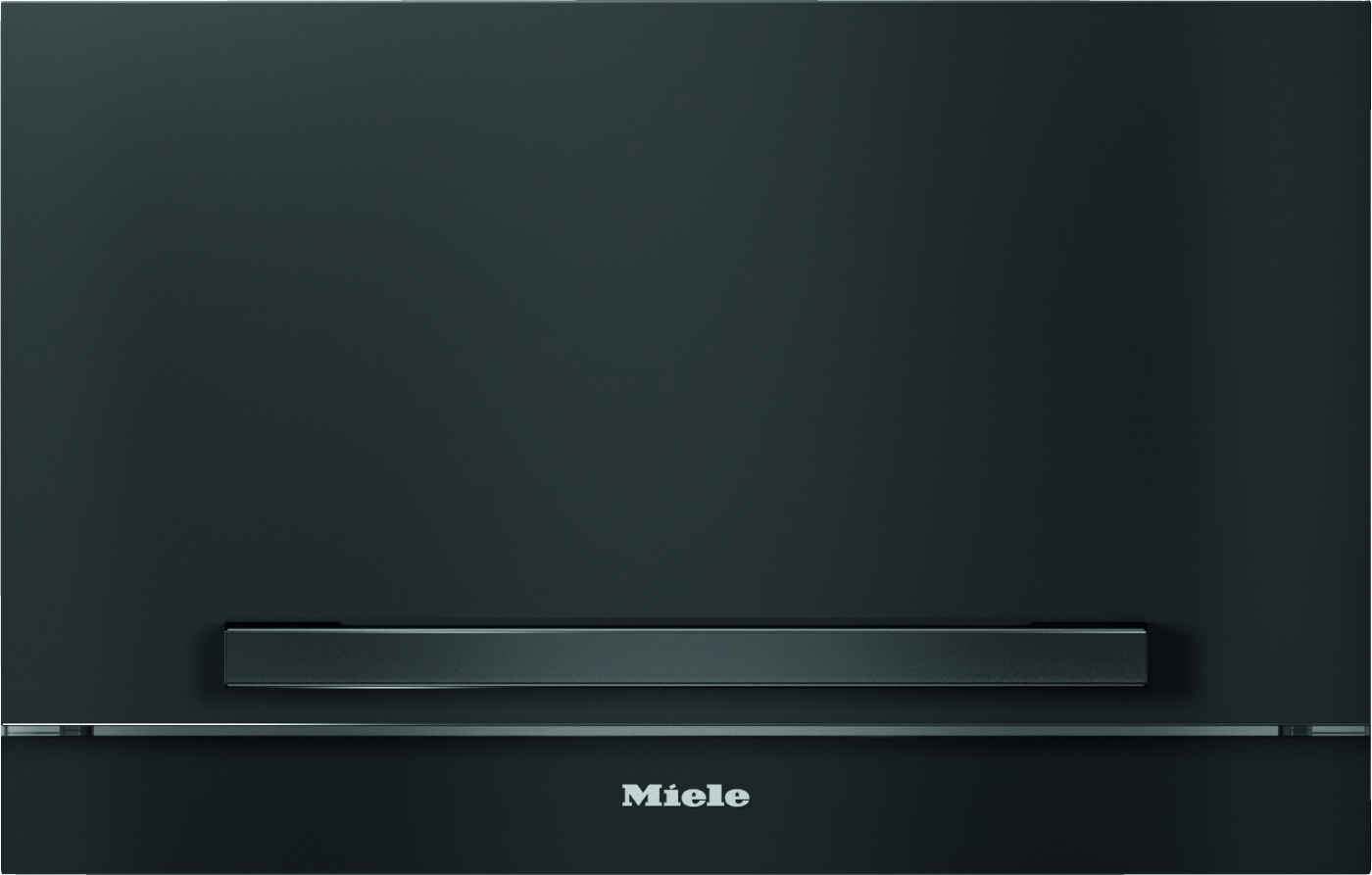 Sleek, matte black Miele built-in appliance front panel with a slim horizontal handle.