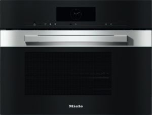 Front view of a modern black Miele built-in oven with a stainless steel handle and a small clock display on the top panel.