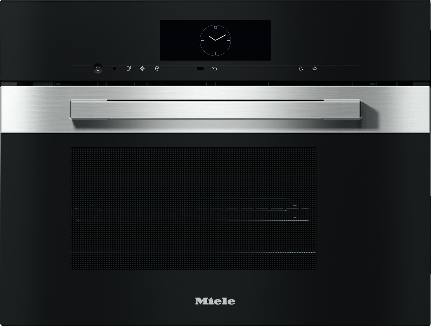 Front view of a modern black Miele built-in oven with a stainless steel handle and a small clock display on the top panel.
