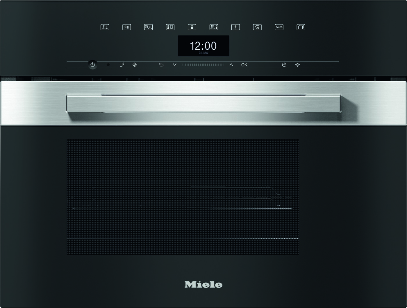 Built-in black oven with a stainless steel handle and a digital clock showing 12:00 above the door.