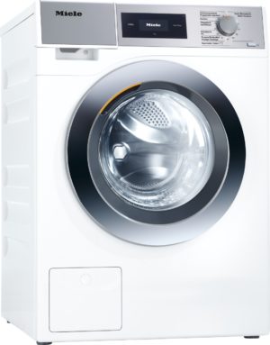 White Miele front-loading washing machine with a large glass door and a control panel on top.