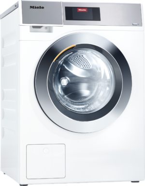 Front-loading Miele washing machine with a large circular door and digital display on top panel