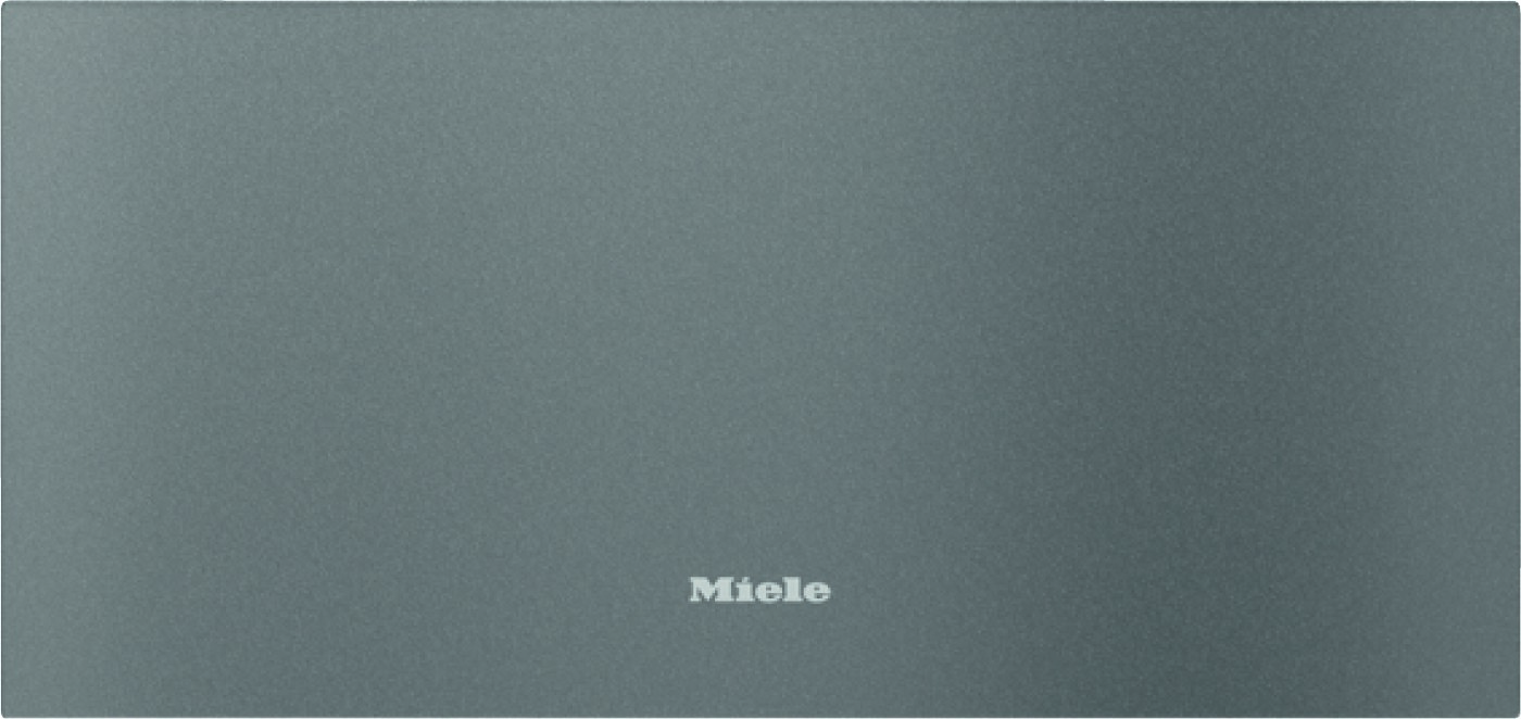 Grey front of a Miele appliance with the logo centered near the bottom edge