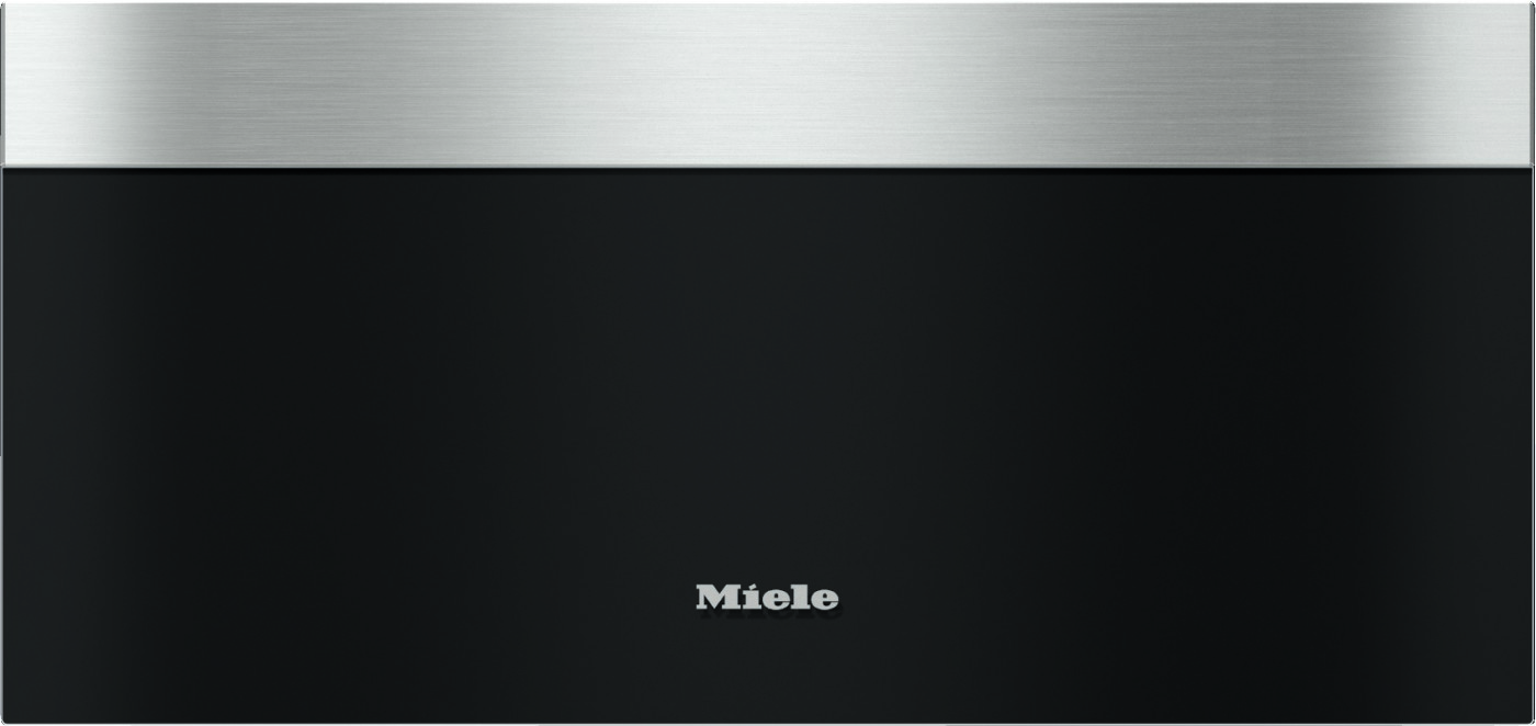 Front view of a Miele appliance with brushed stainless steel top trim and a black panel, logo centered at the bottom surface.