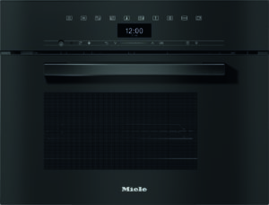 Front view of a dark Miele built-in oven with a horizontal handle, digital display showing 12:00 and control icons above the door.