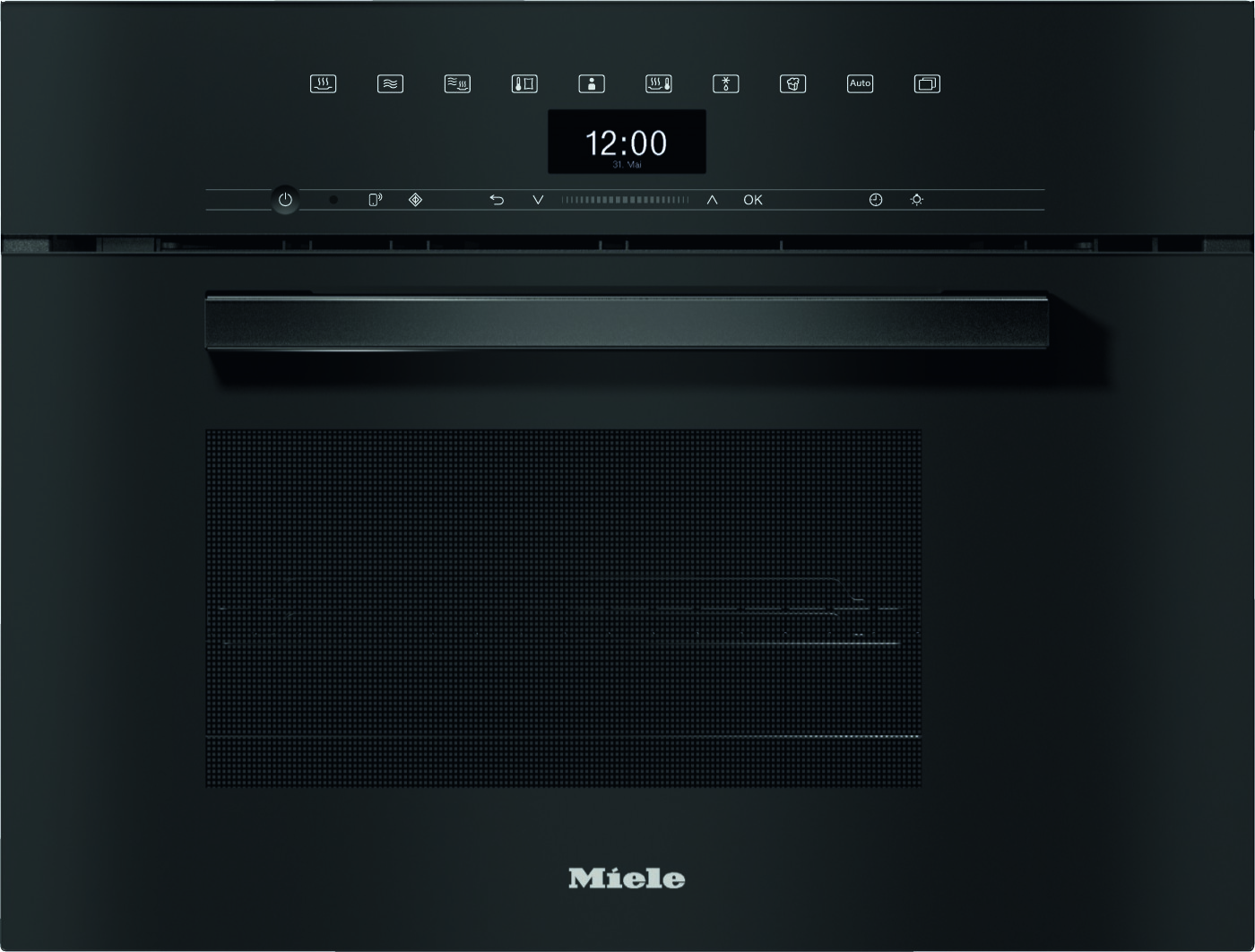 Front view of a dark Miele built-in oven with a horizontal handle, digital display showing 12:00 and control icons above the door.