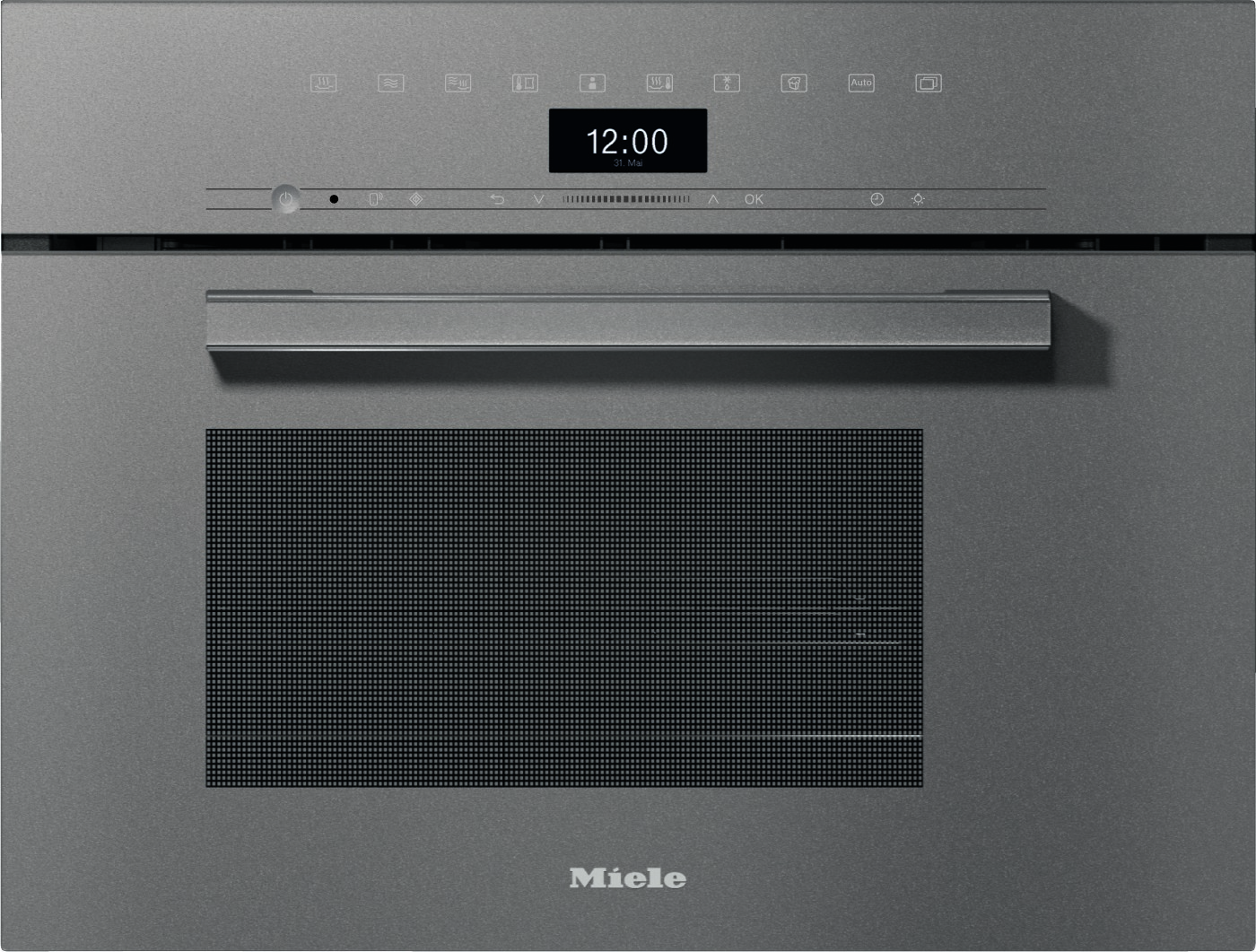 Front view of a stainless steel Miele oven with a long horizontal handle and a digital clock reading 12:00.