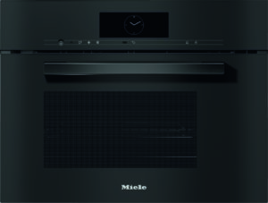 Miele built-in oven with a dark control panel, central clock display, and horizontal controls above the door