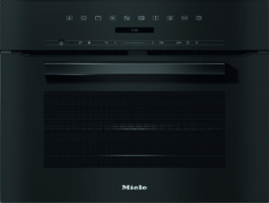 Front view of a black built-in Miele oven with a horizontal handle and control icons across the top panel.