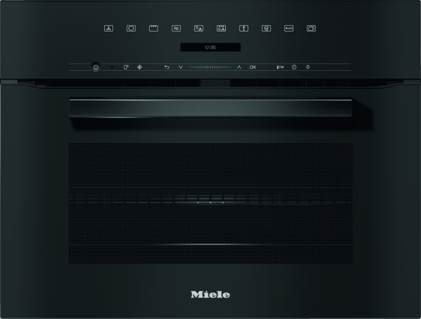 Front view of a black built-in Miele oven with a horizontal handle and control icons across the top panel.