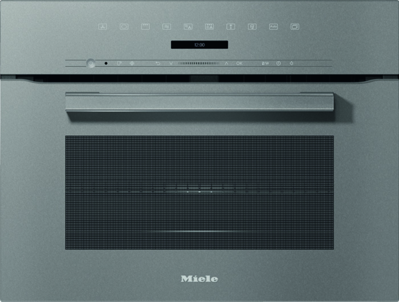 Front view of a silver Miele oven with a long handle and a row of control icons above a digital display.