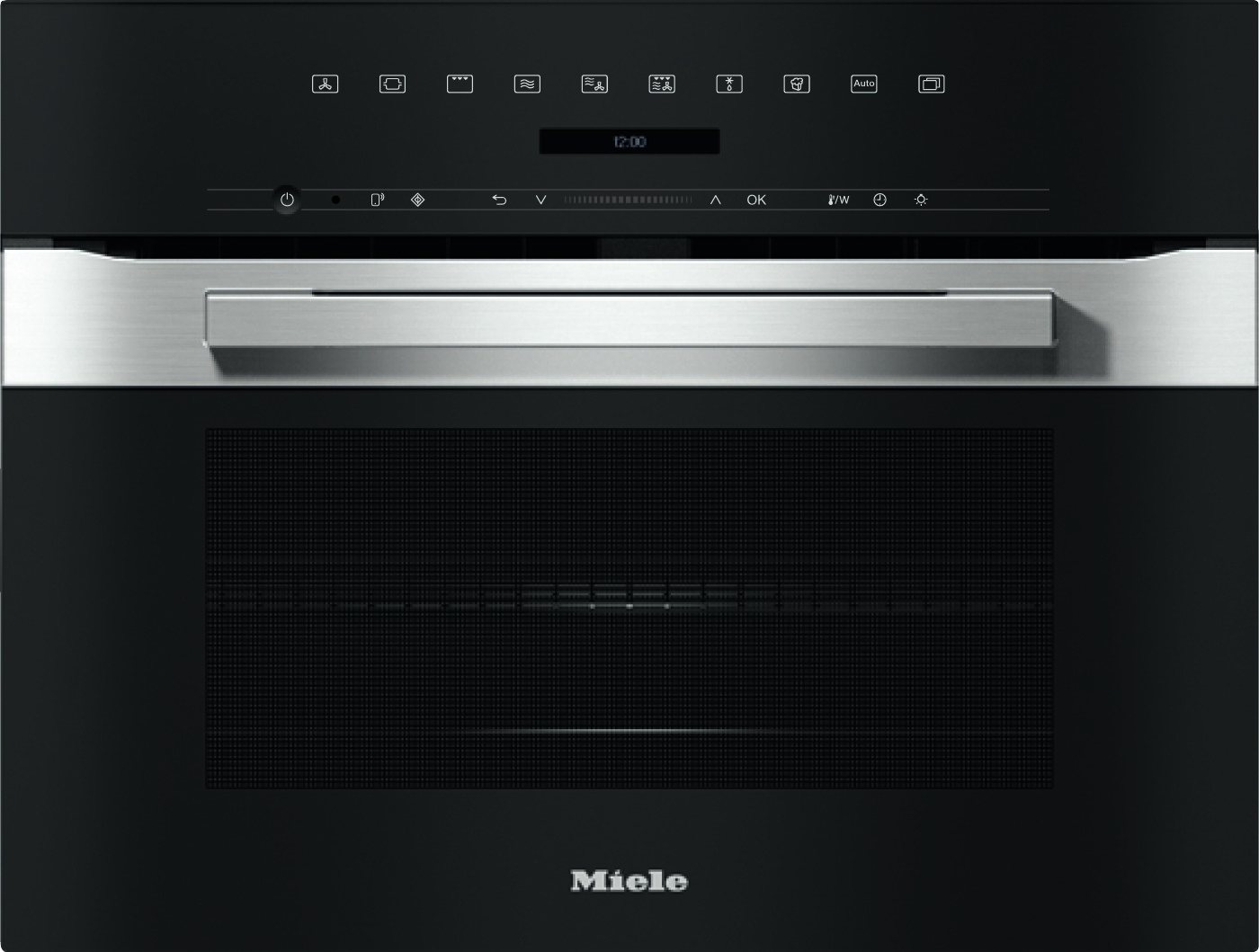 Built-in Miele oven with a stainless steel handle, black control panel, and digital display above a large glass door with a textured interior grille design.