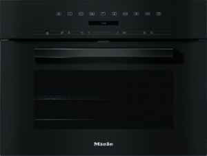 Miele built-in black oven front with a horizontal handle and control icons on the top panel.