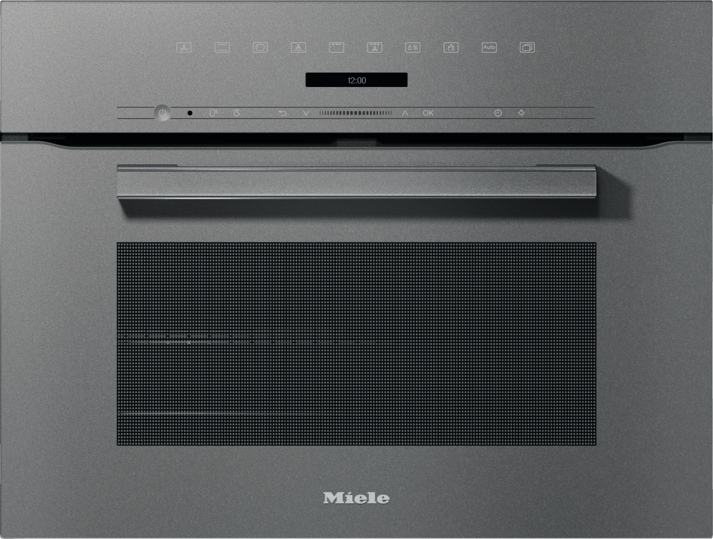 Front view of a stainless steel Miele oven with a slim control panel and handle, gray textured surface, and a large vent section below.