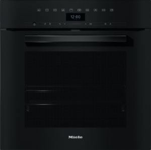 Front view of a black Miele built-in oven with a digital clock and row of control icons along the top.