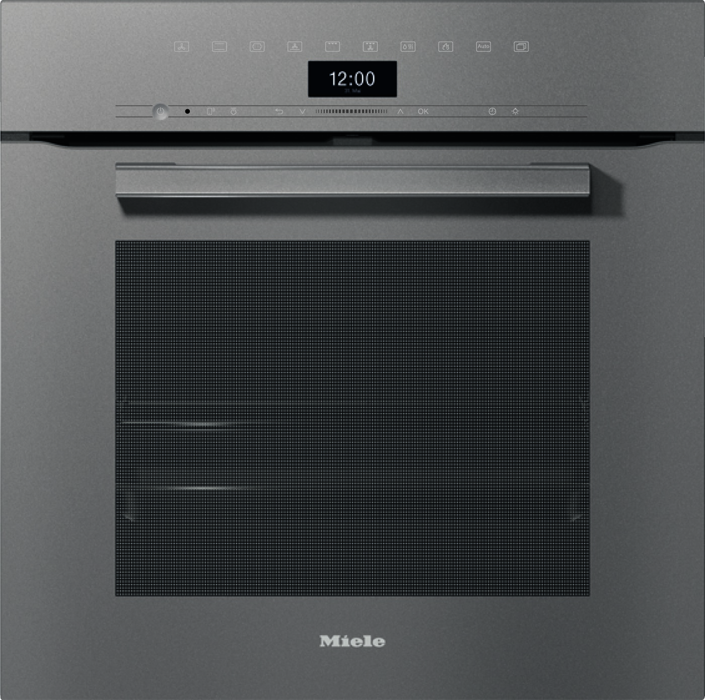 Front view of a Miele built-in stainless steel oven with a digital clock and control strip along the top surface.