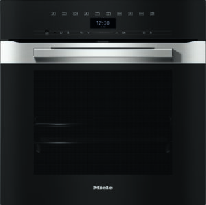 Black built-in oven front with a horizontal stainless handle and a small digital display at the top center showing a clock, brand Miele below.