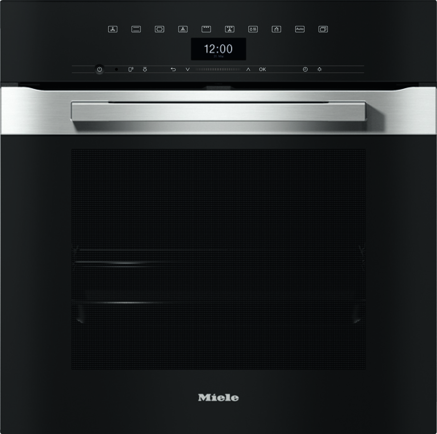Black built-in oven front with a horizontal stainless handle and a small digital display at the top center showing a clock, brand Miele below.