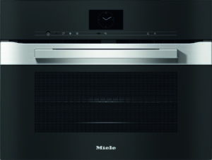 Miele wall oven with a stainless steel handle and black control panel featuring a clock display above a wide silver drawer.
