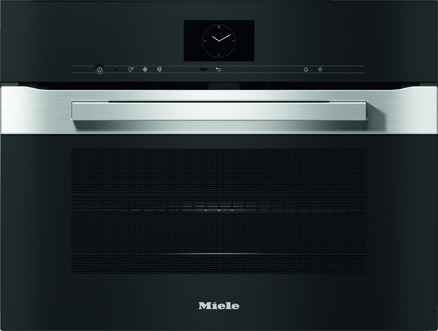 Miele wall oven with a stainless steel handle and black control panel featuring a clock display above a wide silver drawer.