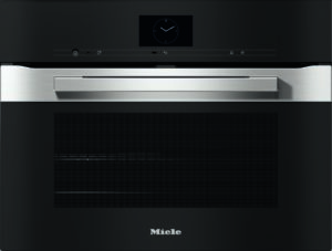 Built-in black oven with a brushed stainless steel handle and a digital clock display in the center.