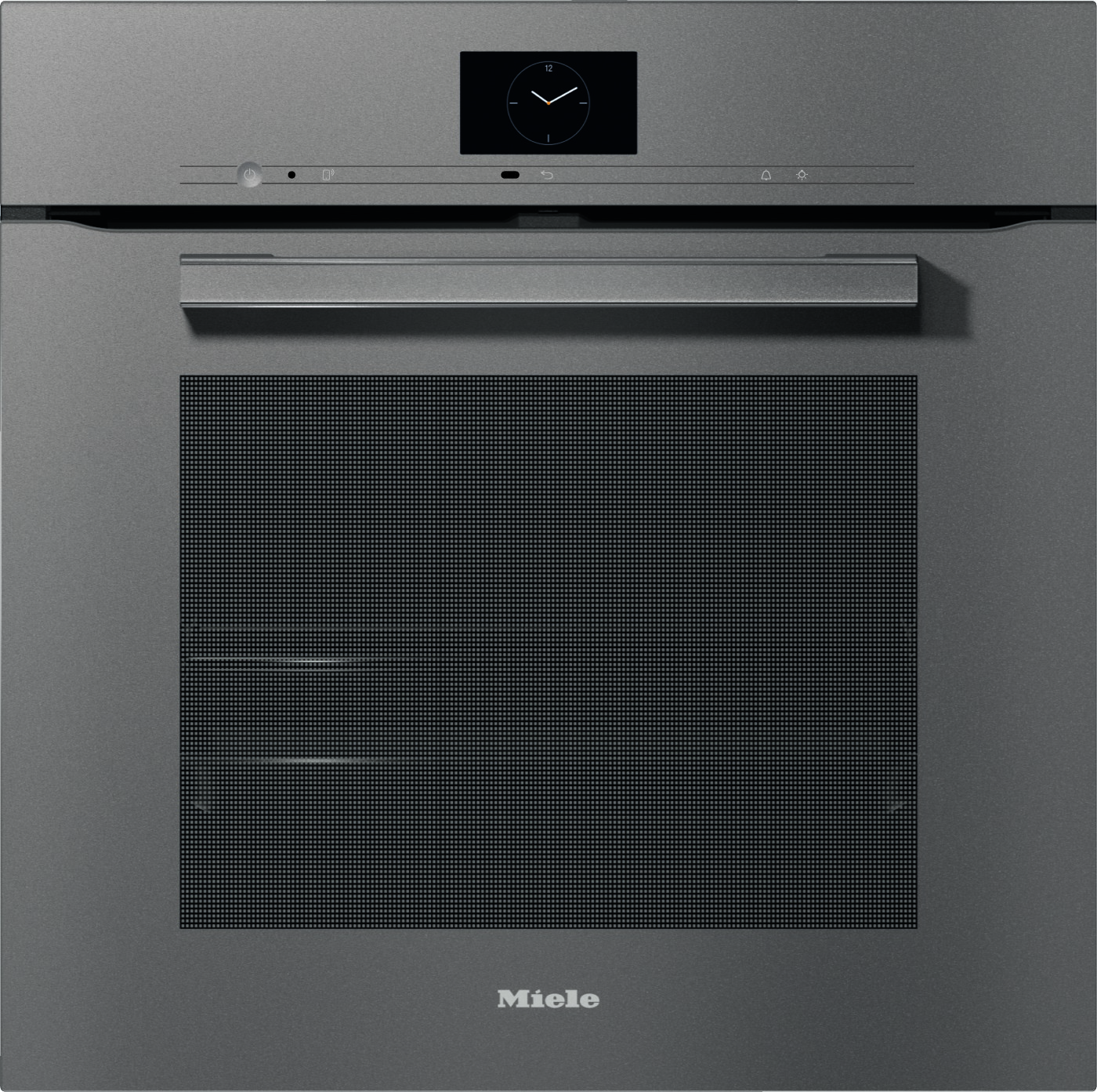 Front view of a Miele stainless steel built-in oven with a circular clock display at the top center and a long handle above the door.