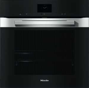 Front view of a black Miele oven with a wide stainless steel handle and a small clock display on the fascia.