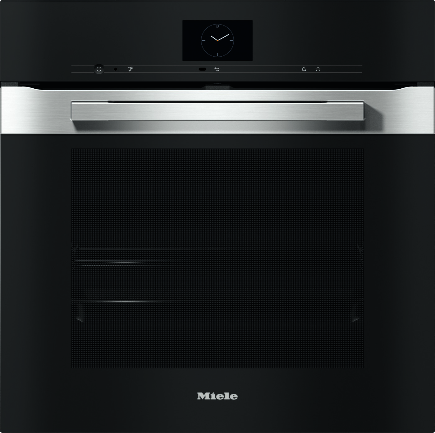 Front view of a black Miele oven with a wide stainless steel handle and a small clock display on the fascia.