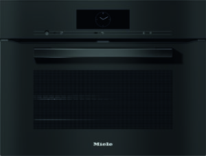 Front view of a sleek black Miele oven with a circular clock on the control panel and a long metal handle across the door.